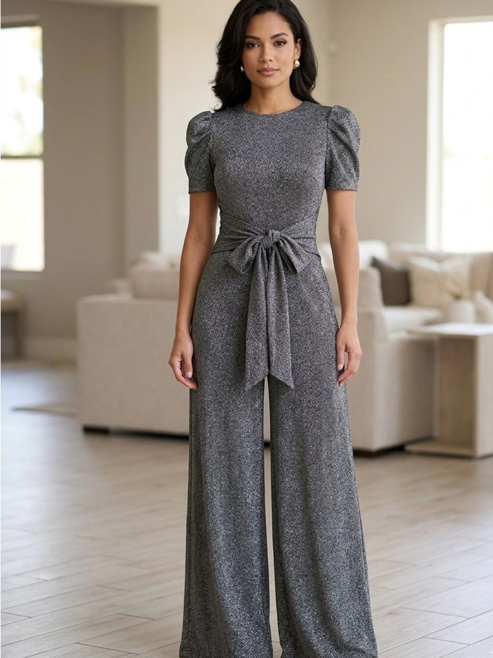Silver Sparkle Tie-Waist Wide-Leg Jumpsuit